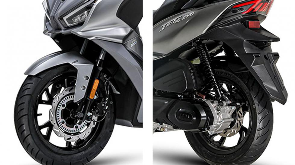Το Jet14 EVO 125 L/C ABS βασίζεται σε πλαίσιο με μεγάλους τροχούς 14 ιντσών και φαρδιά ελαστικά για αυξημένη σταθερότητα. Μπροστά συναντάμε τηλεσκοπικό πιρούνι με διαδρομή 100 χλστ., ενώ πίσω υπάρχουν